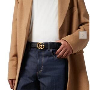 Gucci GG Marmot 30mm Thin Leather Belt Black Gold Buckle Men Size 105/42